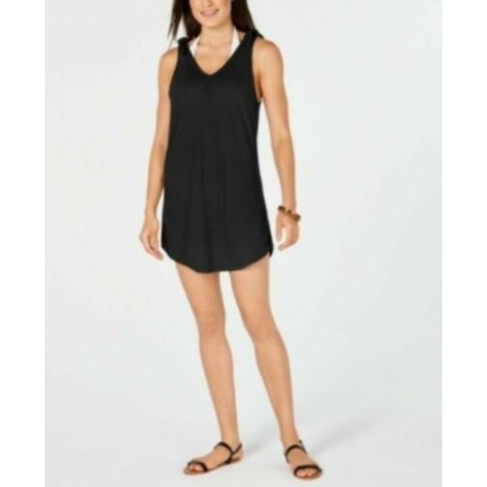 NWT Miken Junior's Tie Back Tassel Shoulder V Neck Swim Cover-Up size S  Black